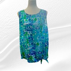 Rachel Zoe Sheer Blue/Green Dot Splash Blouse, Tie Knot, Sleeveless